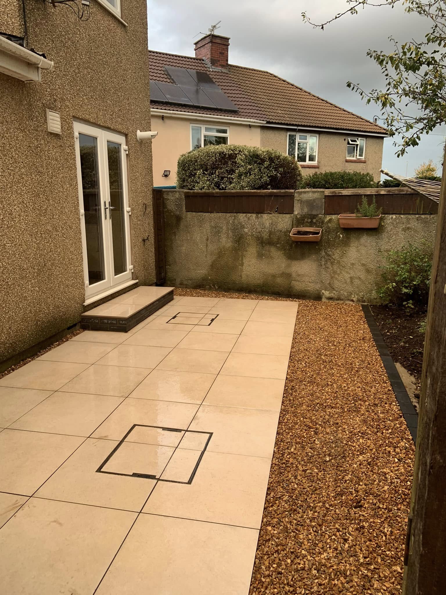 Natural stone pathway through landscaped garden